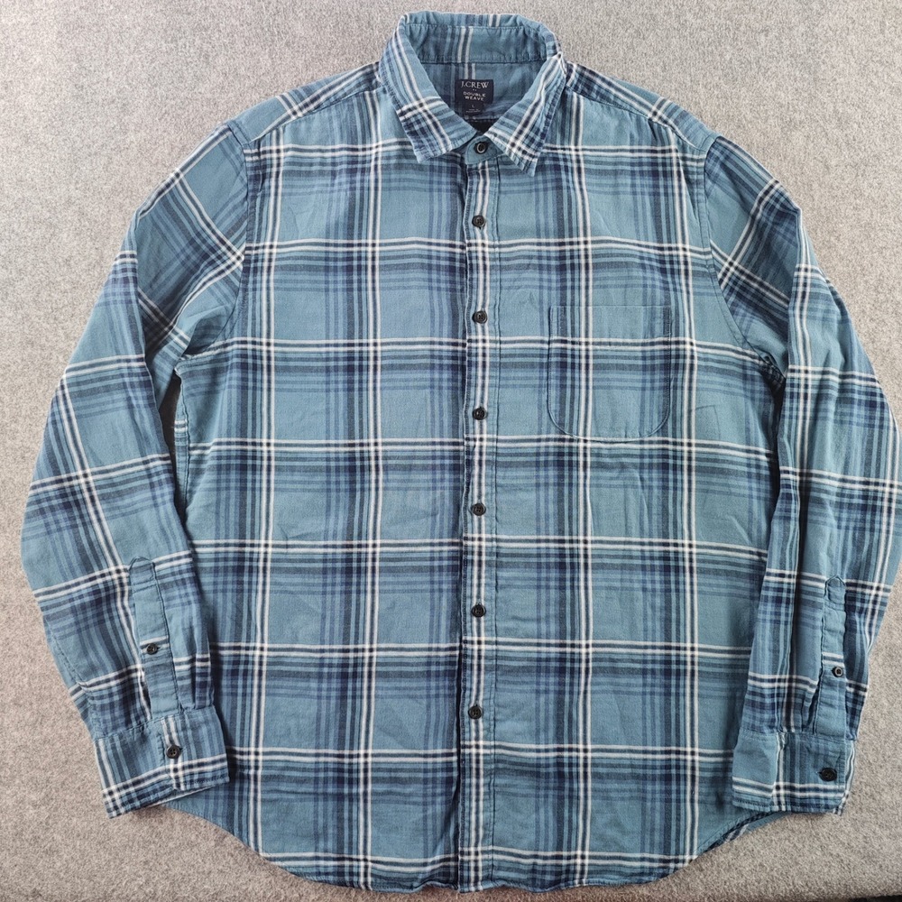 J Crew Double Weave Button Down Shirt Mens Large Blue Plaid Long Sleeve Pocket